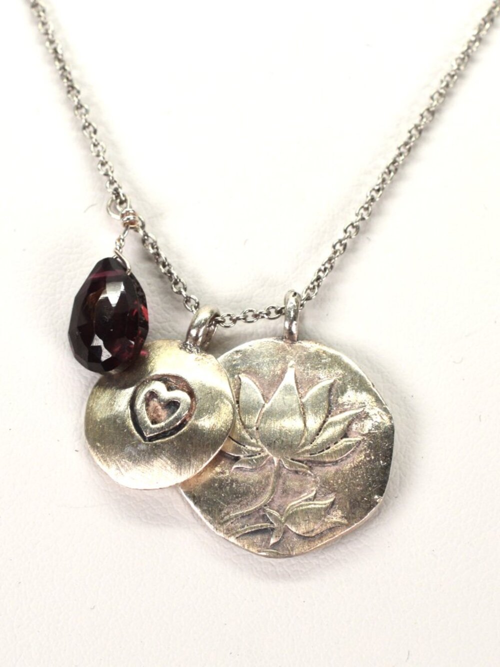Satya Sterling Silver Garnet Lotus Flower Heart 17" Necklace